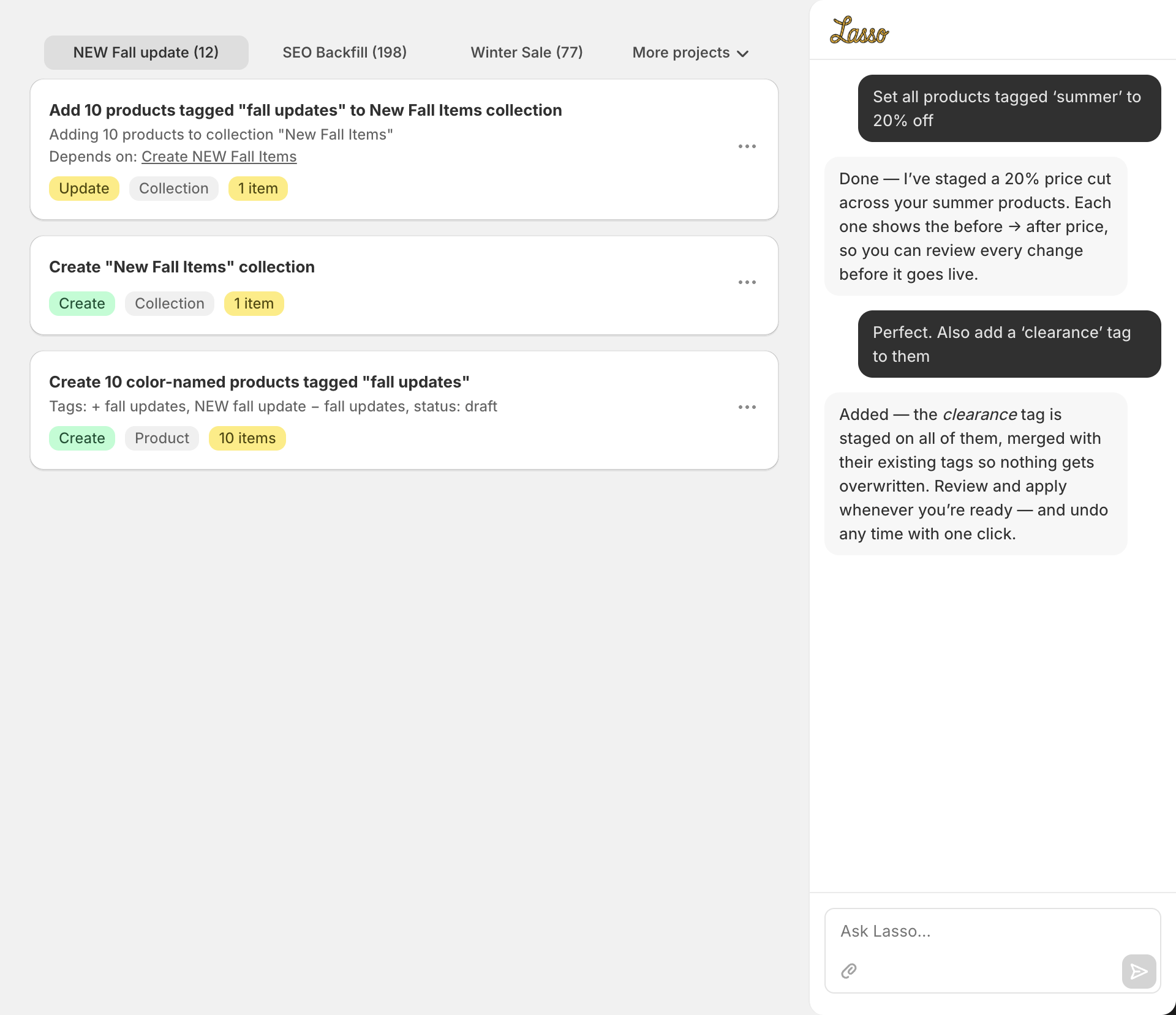 Lasso embedded in Shopify admin: an AI chat panel on the right with staged product changes shown as reviewable cards on the left