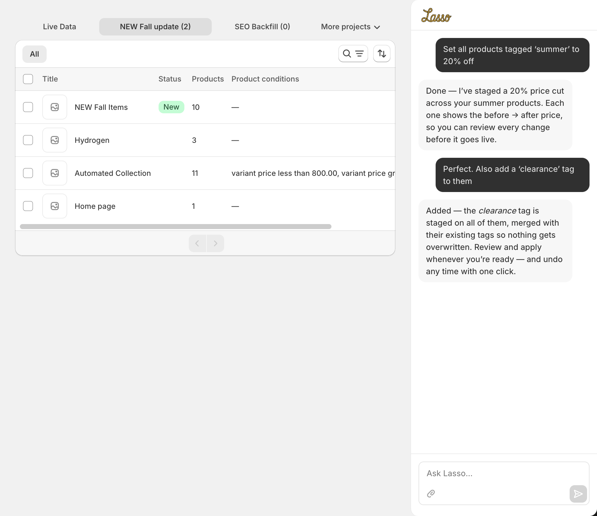 Lasso collections view listing every collection with product counts and conditions
