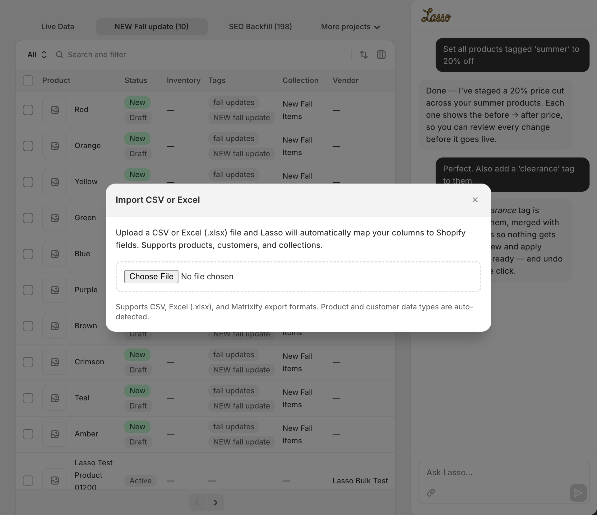 Lasso Import CSV or Excel dialog explaining automatic column mapping and Matrixify format support