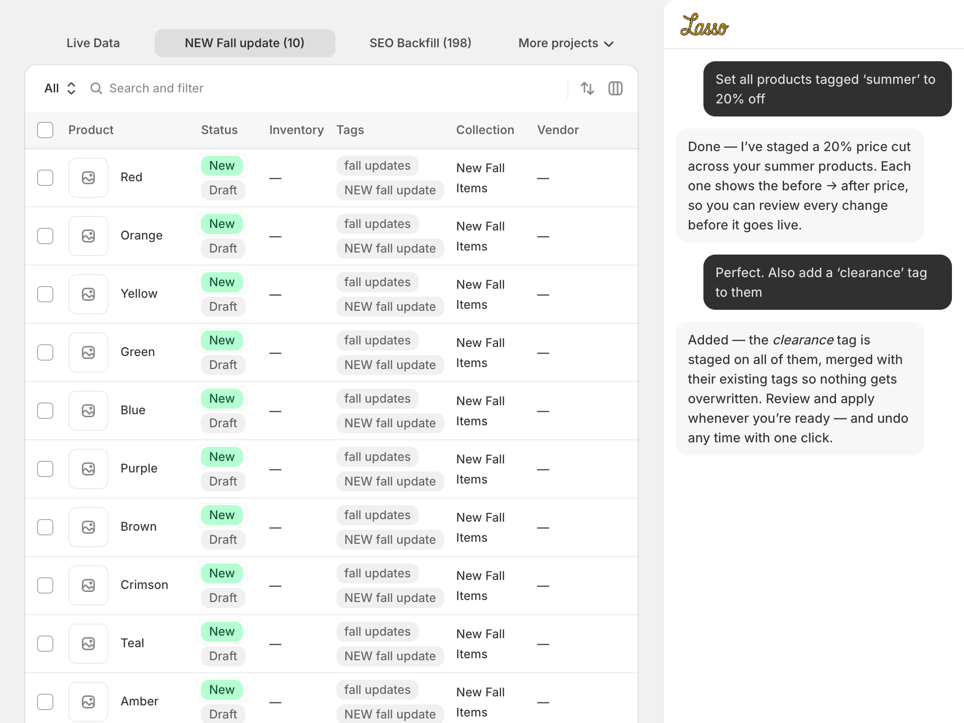 Lasso products table inside Shopify admin with bulk Import and Export, filtered by project