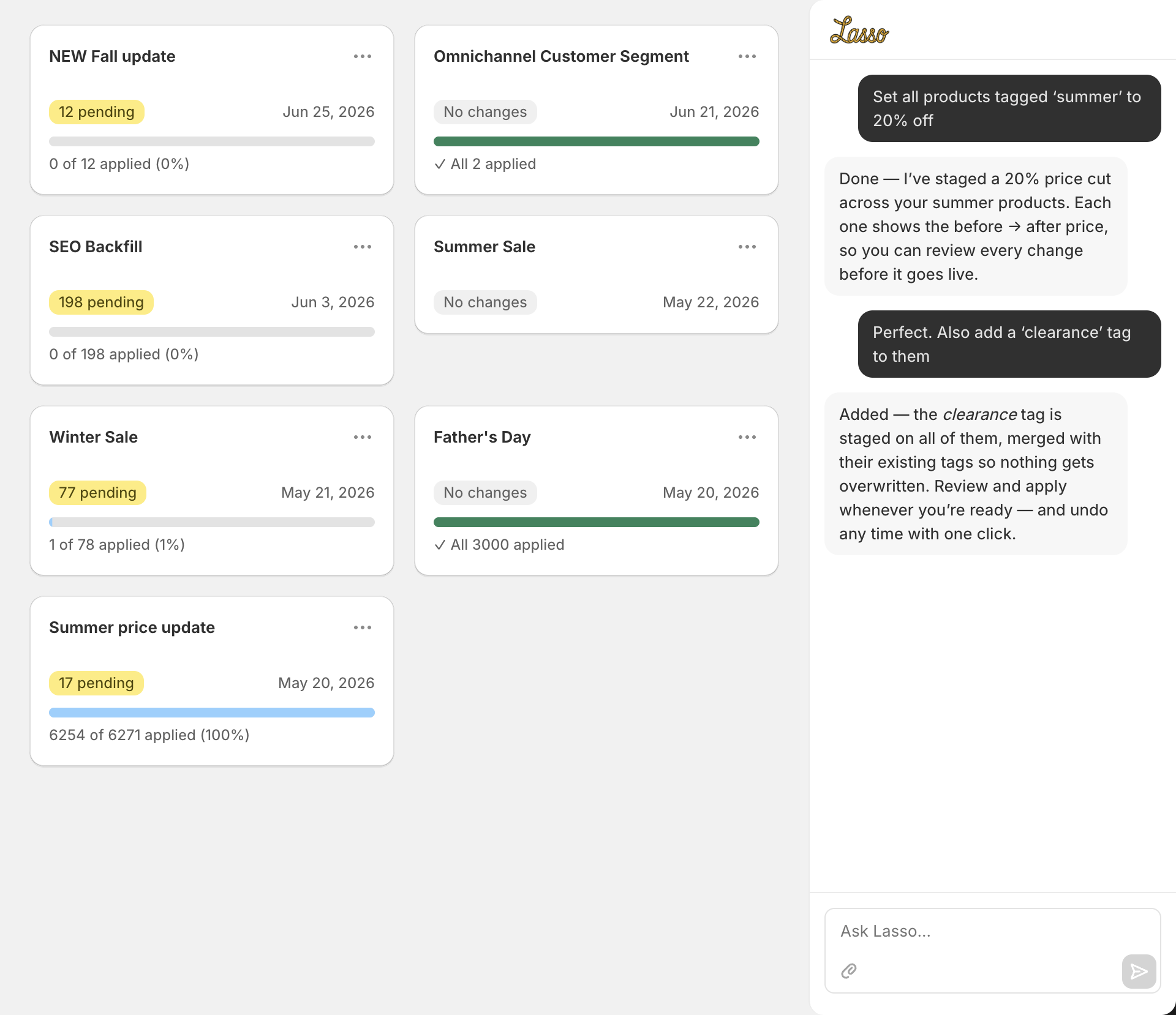 Lasso projects dashboard showing multiple in-flight projects with per-project apply-progress bars